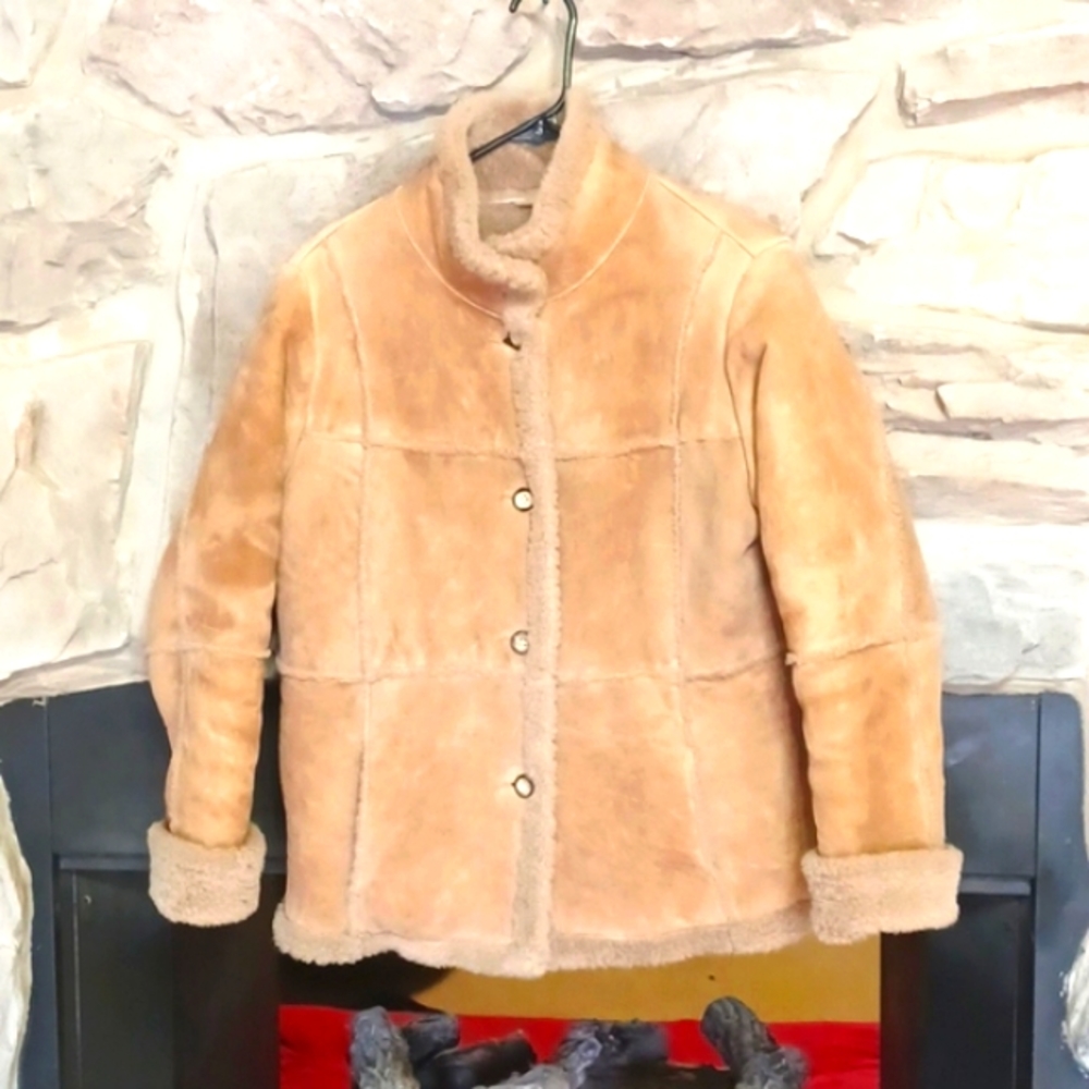 Suede and Shearling tan coat with natural fur lining by Territory Ahead